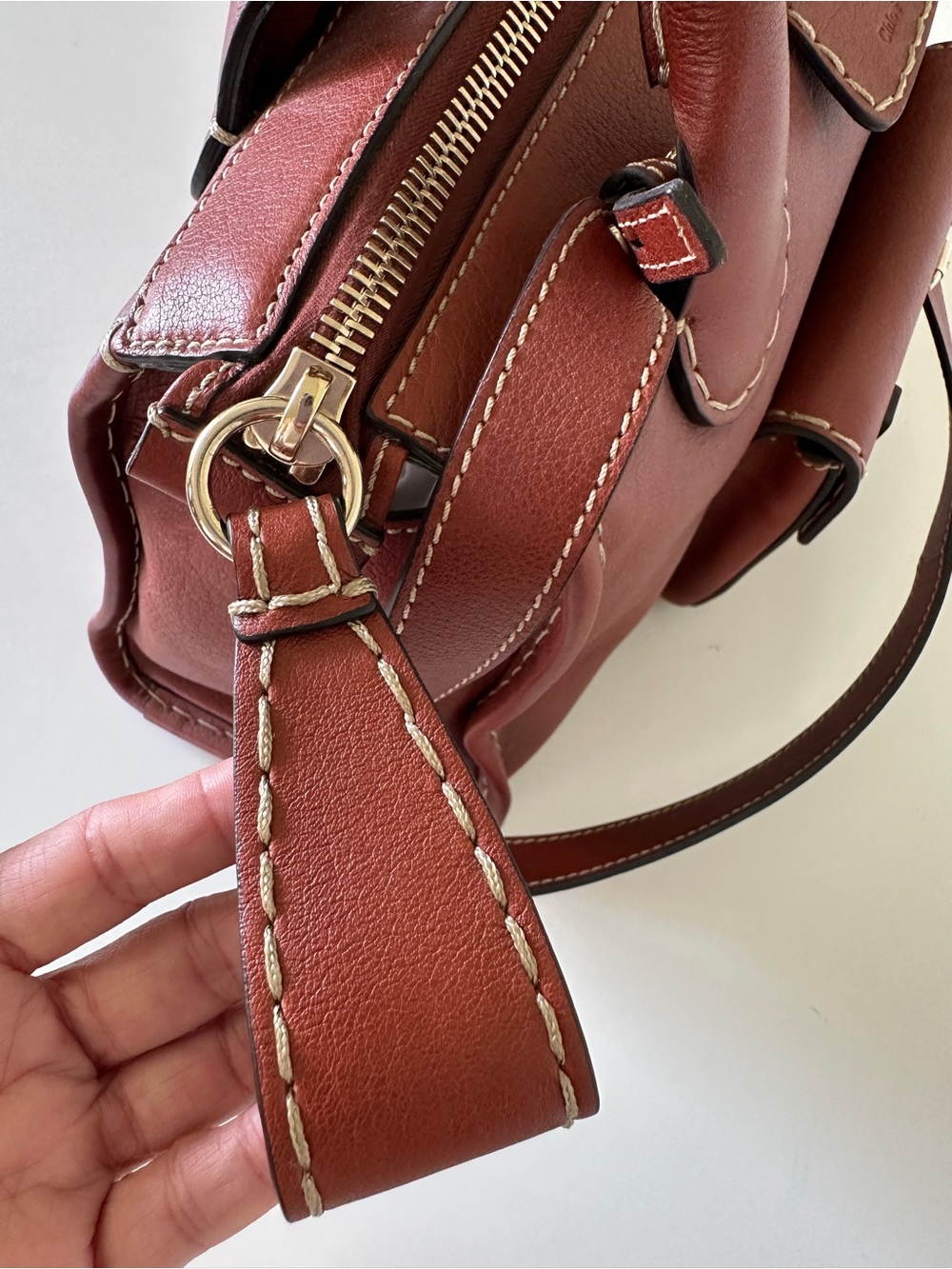 CHLOE Edith Classic Cognac Brown Leather Satchel Handbag Removable Strap - Picture 8 of 15